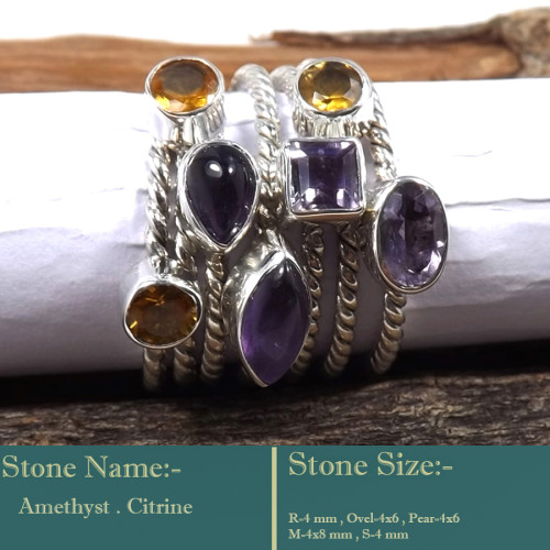 Amethyst & Citrine Cut A - STK944-Fabulous Look Stacking Cut Gemstone 925 Sterling Silver W