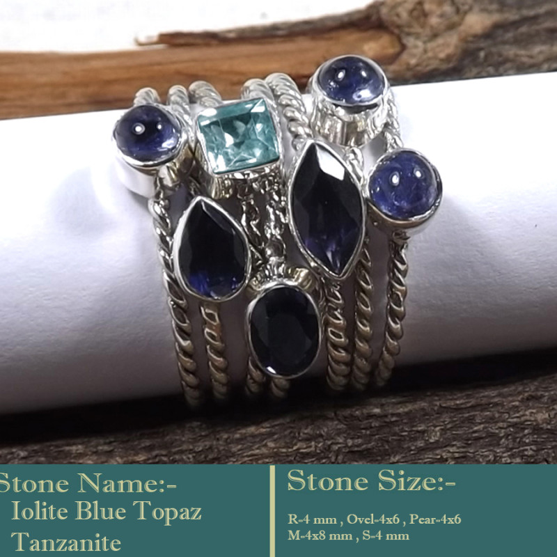 Iolite, Blue Topaz & Tanzanite Cut E - STK944-Fabulous Look Stacking Cut Gemstone 925 Sterling Silver W
