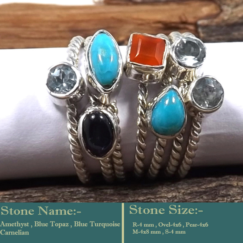 Amethyst, Blue Topaz, Blue Turquoise & Carnelian Cut F - STK944-Fabulous Look Stacking Cut Gemstone 925 Sterling Silver W