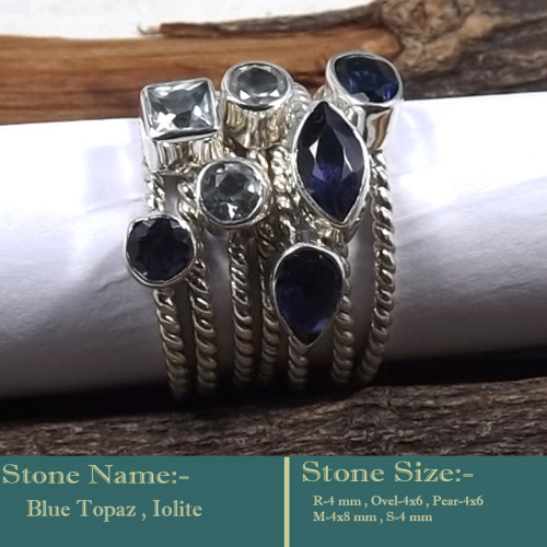 Blue Topaz & Iolite Cut H - STK944-Fabulous Look Stacking Cut Gemstone 925 Sterling Silver W