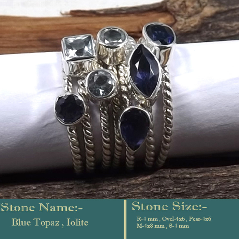 Blue Topaz & Iolite Cut H - STK944-Fabulous Look Stacking Cut Gemstone 925 Sterling Silver W