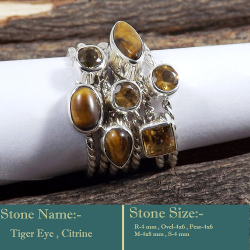 Tiger Eye & Citrine Cut I - STK944-Fabulous Look Stacking Cut Gemstone 925 Sterling Silver W