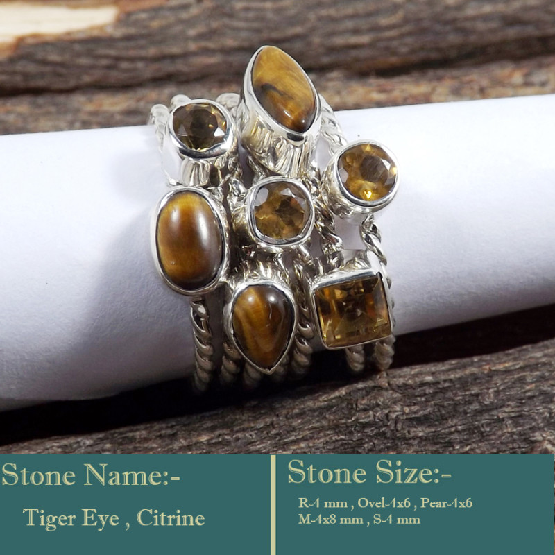 Tiger Eye & Citrine Cut I - STK944-Fabulous Look Stacking Cut Gemstone 925 Sterling Silver W