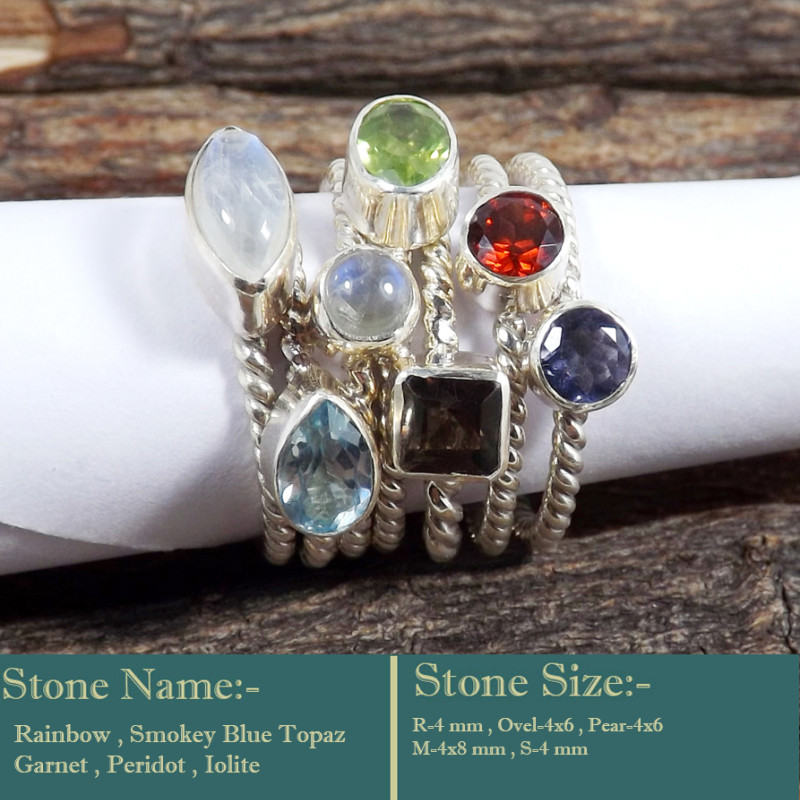 Rainbow, Smokey, Blue Topaz, Garnet, Peridot & Iolite Cut O - STK944-Fabulous Look Stacking Cut Gemstone 925 Sterling Silver W
