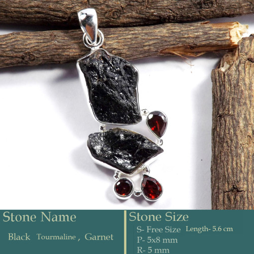 Black Tourmaline Rough & Garnet C - RPP987-Stunning Rough Gemstone Design 925 Silver Pendant