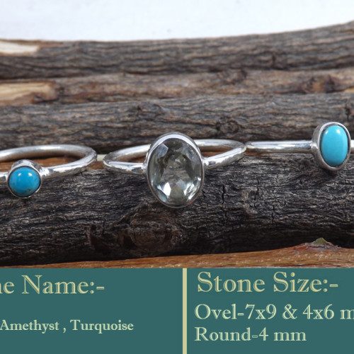 Green Amethyst & Turquoise Cab H - STK943-925 Silver Handmade Stacking Ring Glorious Look Gemstone