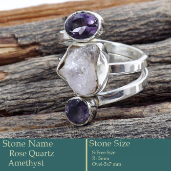 Rose Quartz Rough & Amethyst A - SRR989-Solid 925 Sterling Silver Trilogy Ring Gorgeous Rough Gem