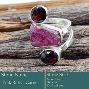Pink Ruby Rough & Garnet C - SRR989-Solid 925 Sterling Silver Trilogy Ring Gorgeous Rough Gem