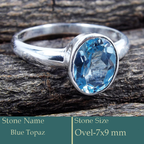 Blue Topaz Cut I - PSR765-925 Silver Ring Faceted Cut Gemstone Trendy Look Wholesal