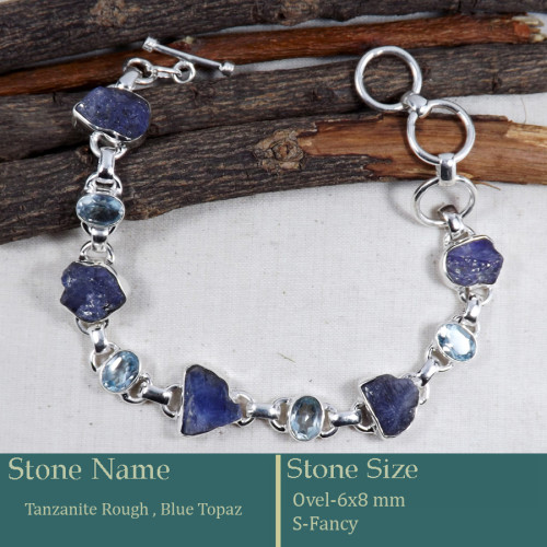Tanzanite Rough & Cut Blue Topaz A - RGB996-Gorgeous Rough Gemstone 925 Silver Bracelet Wholesale Ind
