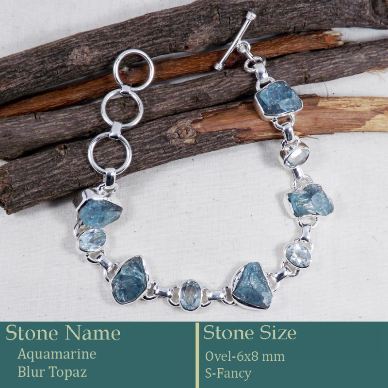 Aquamrine Rough & Blue Topaz Cut B - RGB996-Gorgeous Rough Gemstone 925 Silver Bracelet Wholesale Ind