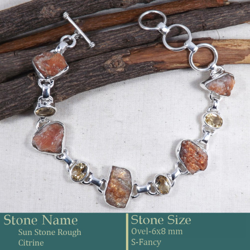 Sun Stone Rough & Citrine Cut D - RGB996-Gorgeous Rough Gemstone 925 Silver Bracelet Wholesale Ind