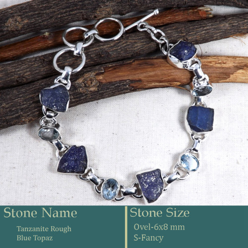 Tanzanite Rough & Blue Topaz Cut F - RGB996-Gorgeous Rough Gemstone 925 Silver Bracelet Wholesale Ind