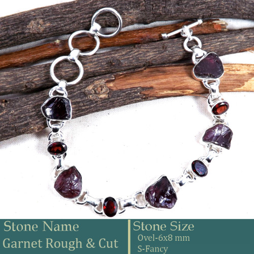 Garnet Rough & Cut O - RGB996-Gorgeous Rough Gemstone 925 Silver Bracelet Wholesale Ind