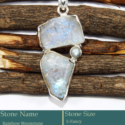 Rainbow Moonstone Rough & Blue Topaz G - RPP983-925 Sterling Silver Pendant Gorgeous Rough Gemstone Handm