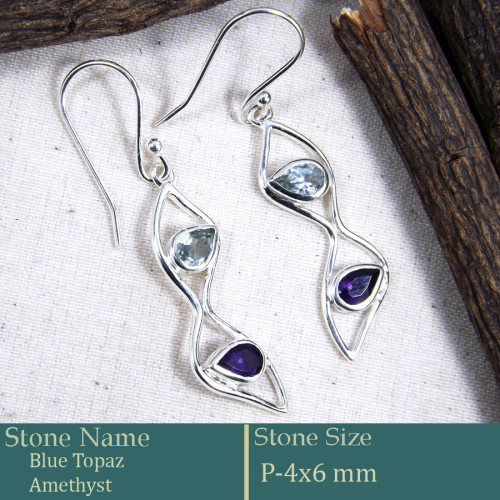 Blue Topaz & Amethyst Cut O - CES950-Fabulous 925 Silver Casting Earring Cut Gemstone Made in