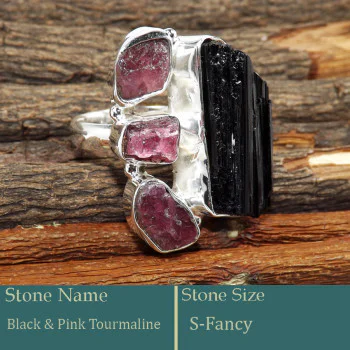 Black & Pink Tourmaline Rough O - SRR985-Attractive Look 925 Silver Ring Trendy Rough Gemstone Who Black & Pink Tourmaline Rough O - SRR985-Attractive Look 925 Silver Ring Trendy Rough Gemstone Who
