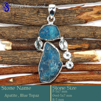 Apatite Rough & Blue Topaz Cut H - RPP981-Natural Rough Cut Gemstone 925 Silver Pendant Wholesale I Apatite Rough & Blue Topaz Cut H - RPP981-Natural Rough Cut Gemstone 925 Silver Pendant Wholesale I