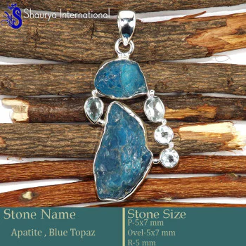 Apatite Rough & Blue Topaz Cut H - RPP981-Natural Rough Cut Gemstone 925 Silver Pendant Wholesale I Apatite Rough & Blue Topaz Cut H - RPP981-Natural Rough Cut Gemstone 925 Silver Pendant Wholesale I