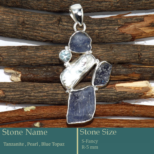 Tanzanite Rough, Pearl & Blue Topaz Cut B - RPP977-Pretty Look Rough Gemstone Silver Pendant Wholesale Colle