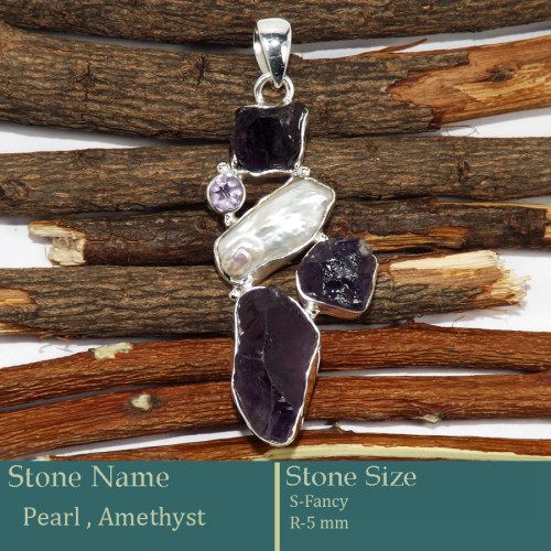 Pearl, Amethyst Rough & Cut C - RPP977-Pretty Look Rough Gemstone Silver Pendant Wholesale Colle