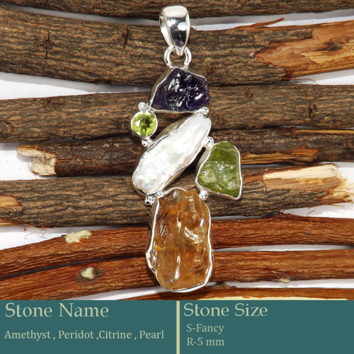 Amethyst, Peridot, Citrine Rough & Pearl E - RPP977-Pretty Look Rough Gemstone Silver Pendant Wholesale Colle
