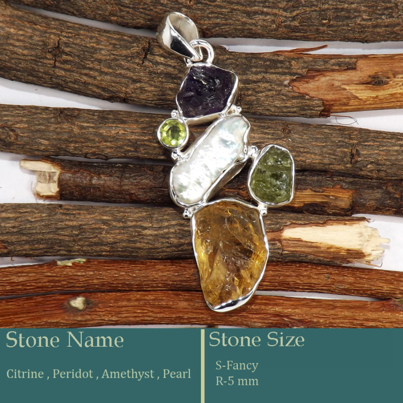 Citrine, Peridot, Amethyst Rough & Pearl F - RPP977-Pretty Look Rough Gemstone Silver Pendant Wholesale Colle