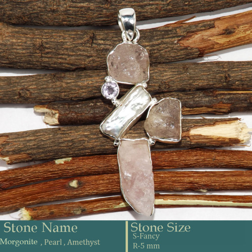 Morgonite Rough, Amethyst Cut & Pearl G - RPP977-Pretty Look Rough Gemstone Silver Pendant Wholesale Colle