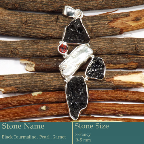 Black Tourmaline Rough, Pearl & Garnet Cut O - RPP977-Pretty Look Rough Gemstone Silver Pendant Wholesale Colle