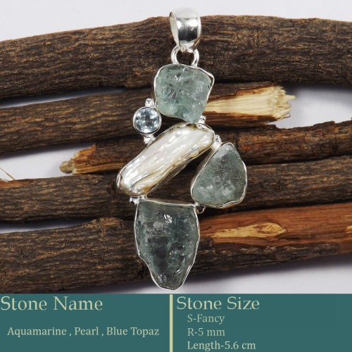 Aquamarine Rough, Pearl & Blue Topaz Cut E - RPP976-Latest New Rough Gemstone Pendant 925 Silver Wholesale