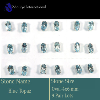 9 Pair Blue Topaz Cut B - SSE852-4x6mm Oval 9 Pair Lots Stud Earrings Cut Gemstone 925 Ste