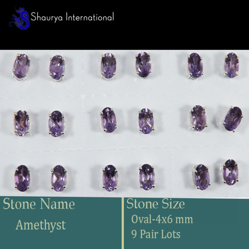 9 Pair Amethyst Cut D - SSE852-4x6mm Oval 9 Pair Lots Stud Earrings Cut Gemstone 925 Ste