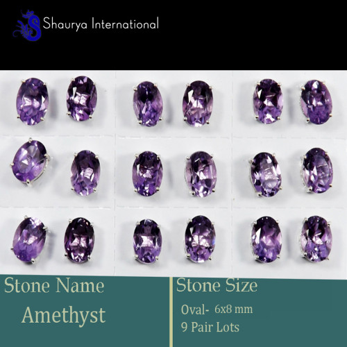9 Pair Amethyst Cut E - SSE852-4x6mm Oval 9 Pair Lots Stud Earrings Cut Gemstone 925 Ste
