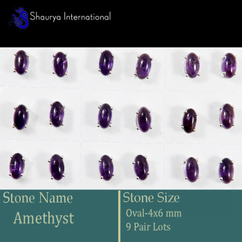 9 Pair Amethyst Cab A - SSE851-4x6mm Oval 9 Pair Lots Stud Earrings Cab Gemstone 925 Sil