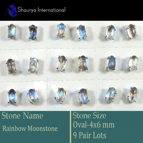 9 Pair Rainbow Moonstone Cab D - SSE851-4x6mm Oval 9 Pair Lots Stud Earrings Cab Gemstone 925 Sil