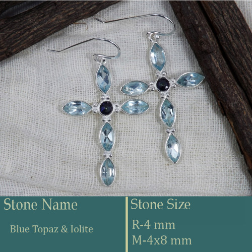 Blue Topaz & Iolite Cut D - BZE742-Superb Holy Cross Earrings Cut Gemstone 925 Silver Wholes Blue Topaz & Iolite Cut D - BZE742-Superb Holy Cross Earrings Cut Gemstone 925 Silver Wholes