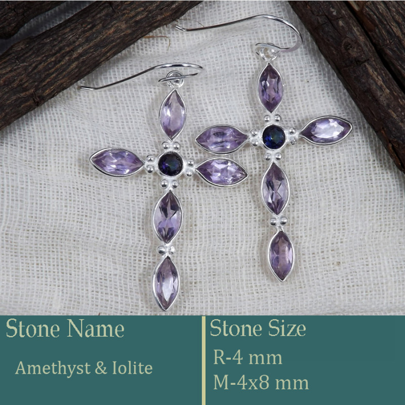 Amethyst & Iolite Cut E - BZE742-Superb Holy Cross Earrings Cut Gemstone 925 Silver Wholes Amethyst & Iolite Cut E - BZE742-Superb Holy Cross Earrings Cut Gemstone 925 Silver Wholes