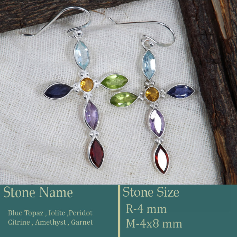 Blue Topaz, Iolite, Peridot, Citrine, Amethyst & Garnet Cut G - BZE742-Superb Holy Cross Earrings Cut Gemstone 925 Silver Wholes Blue Topaz, Iolite, Peridot, Citrine, Amethyst & Garnet Cut G - BZE742-Superb Holy Cross Earrings Cut Gemstone 925 Silver Wholes