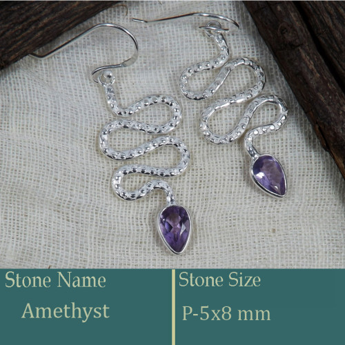 Amethyst Cut B - BZE741-Solid 925 Silver Snake Design Earrings Cut Gemstone Handm Amethyst Cut B - BZE741-Solid 925 Silver Snake Design Earrings Cut Gemstone Handm