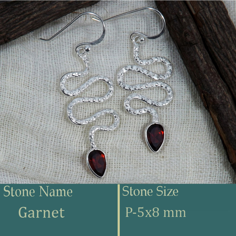 Garnet Cut C - BZE741-Solid 925 Silver Snake Design Earrings Cut Gemstone Handm
