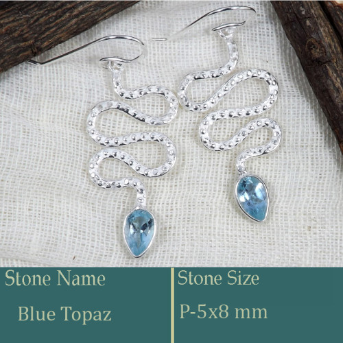 Blue Topaz Cut D - BZE741-Solid 925 Silver Snake Design Earrings Cut Gemstone Handm Blue Topaz Cut D - BZE741-Solid 925 Silver Snake Design Earrings Cut Gemstone Handm