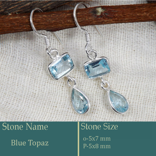 Blue Topaz Cut O - BZE740-Stunning look 925 Silver Earrings Cut Gemstone Wholesale