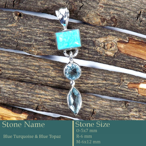 Blue Turquoise & Blue Topaz Cut C - SD590-Exclusive Cut Gemstone Handmade 925 Silver Pendant Wholesa