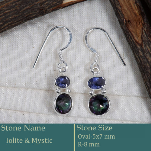 Iolite & Mystic Cut B - BZE738-Amazing Pretty Look Bezel Earrings Cut Gemstone 925 Sterl