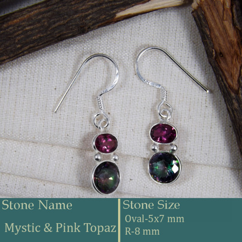 Mystic & Pink Topaz Cut D - BZE738-Amazing Pretty Look Bezel Earrings Cut Gemstone 925 Sterl
