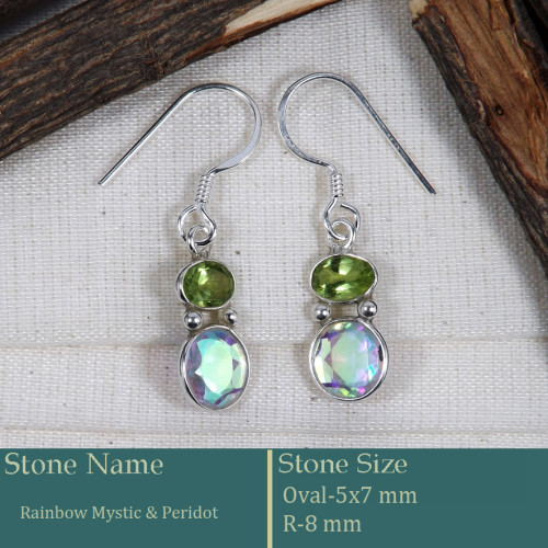 Rainbow Mystic & Peridot Cut O - BZE738-Amazing Pretty Look Bezel Earrings Cut Gemstone 925 Sterl