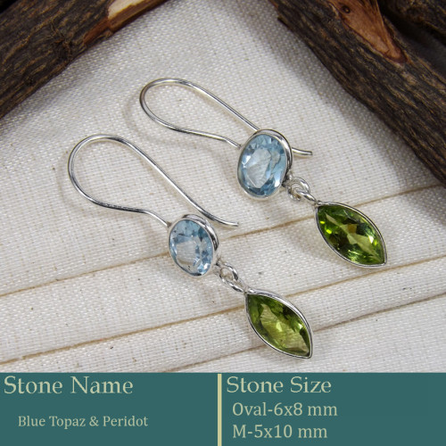 Blue Topaz & Peridot Cut D - BZE737-Fabulous Company Design Bezel Earrings 925 Silver Cut Gem