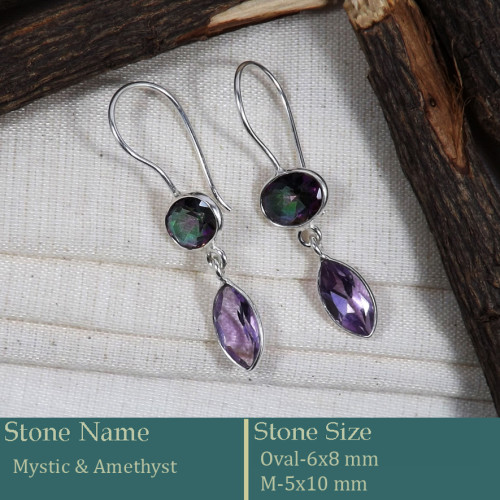 Mystic & Amethyst Cut J - BZE737-Fabulous Company Design Bezel Earrings 925 Silver Cut Gem