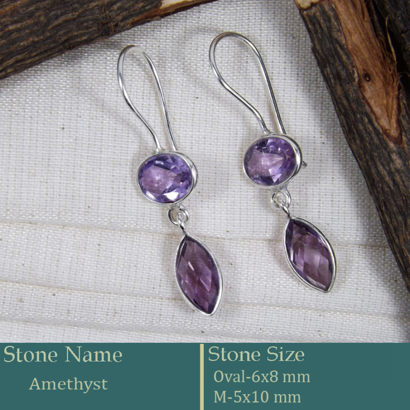 Amethyst Cut O - BZE737-Fabulous Company Design Bezel Earrings 925 Silver Cut Gem