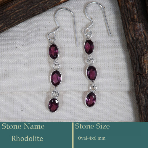 Rhodolite Cut D - BZE735-Awesome Handmade Design Bezel Earrings 925 Silver Cut Gem